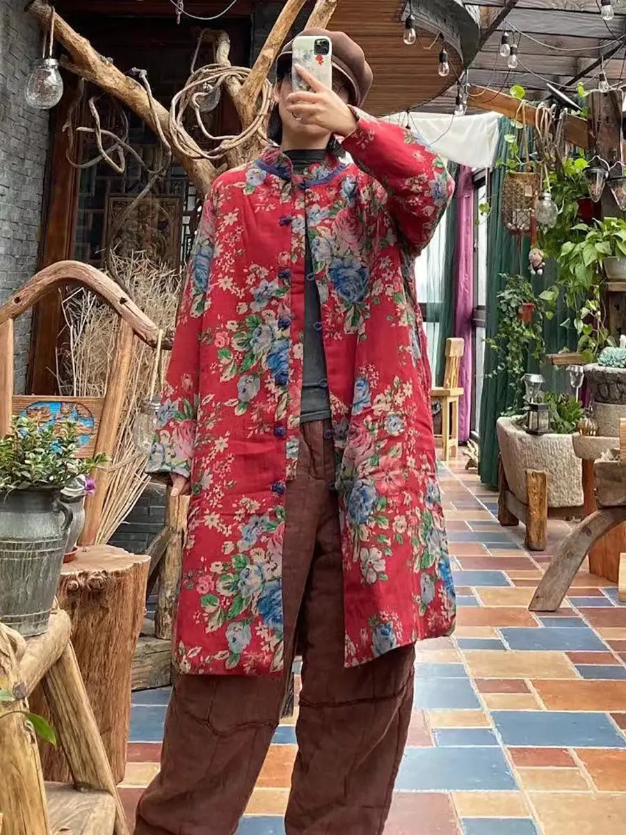 Women Ethnic Red Flower Print Cotton Padded Coat Ada Fashion