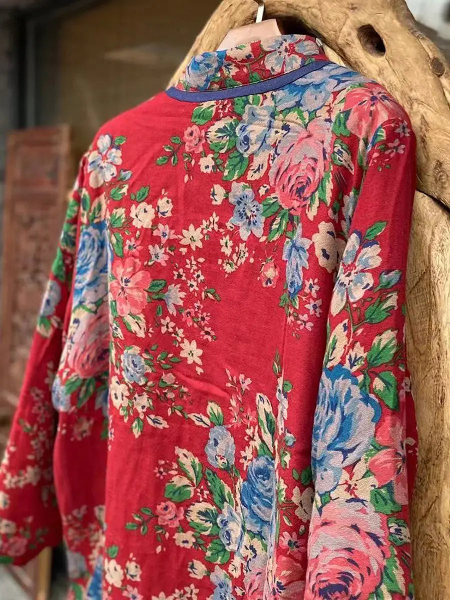 Women Ethnic Red Flower Print Cotton Padded Coat Ada Fashion