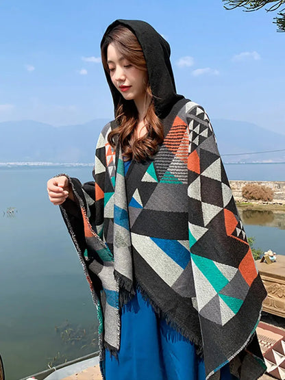 Women Ethnic Triangle Spliced Hooded Shawl Ada Fashion