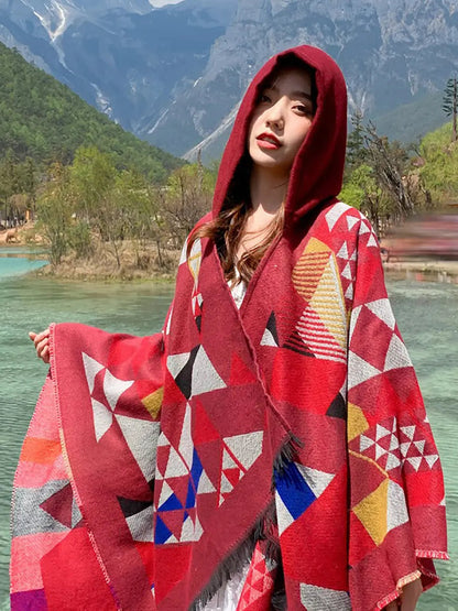 Women Ethnic Triangle Spliced Hooded Shawl Ada Fashion