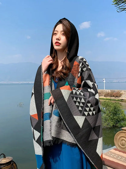 Women Ethnic Triangle Spliced Hooded Shawl Ada Fashion