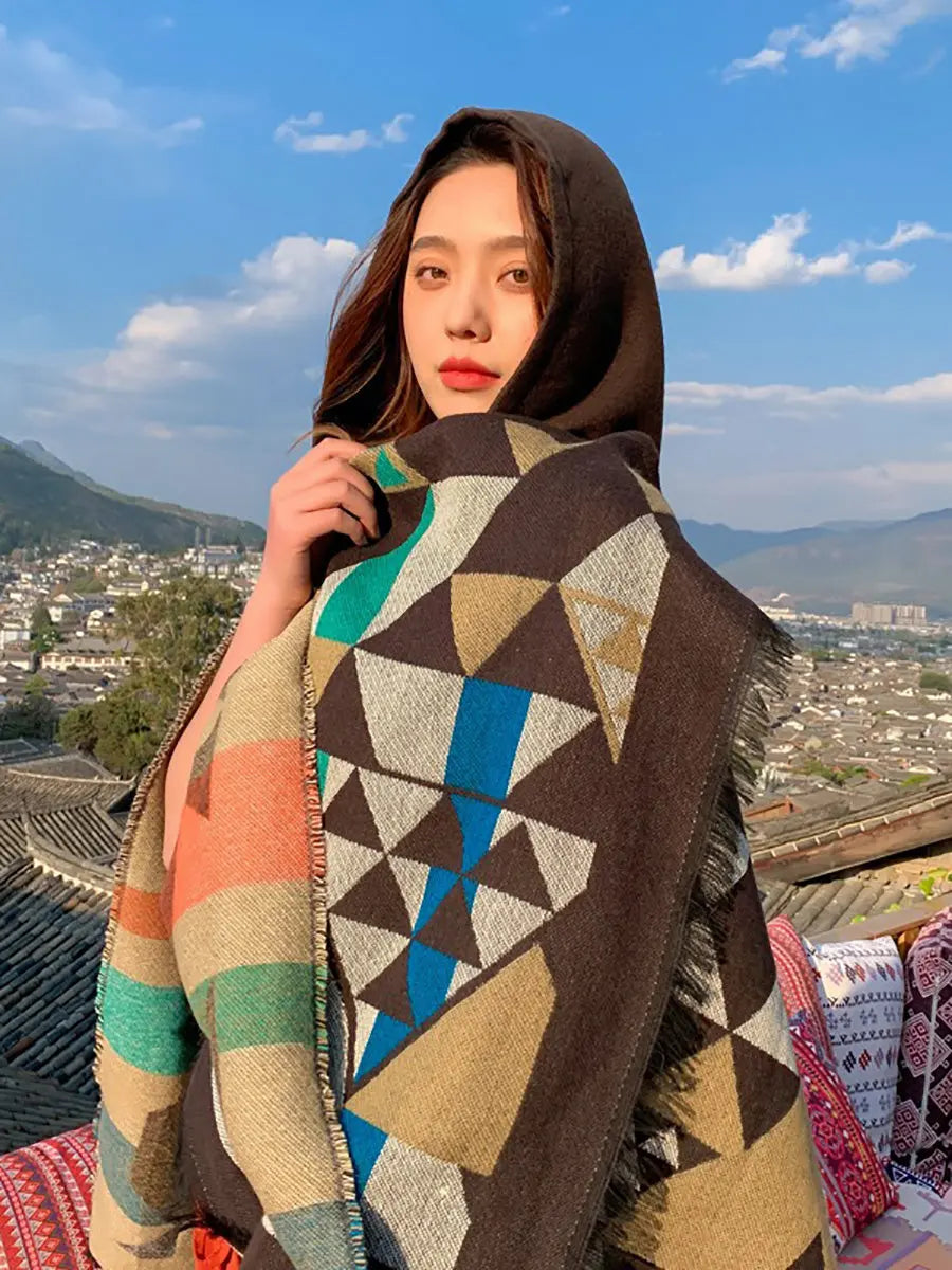 Women Ethnic Triangle Spliced Hooded Shawl Ada Fashion