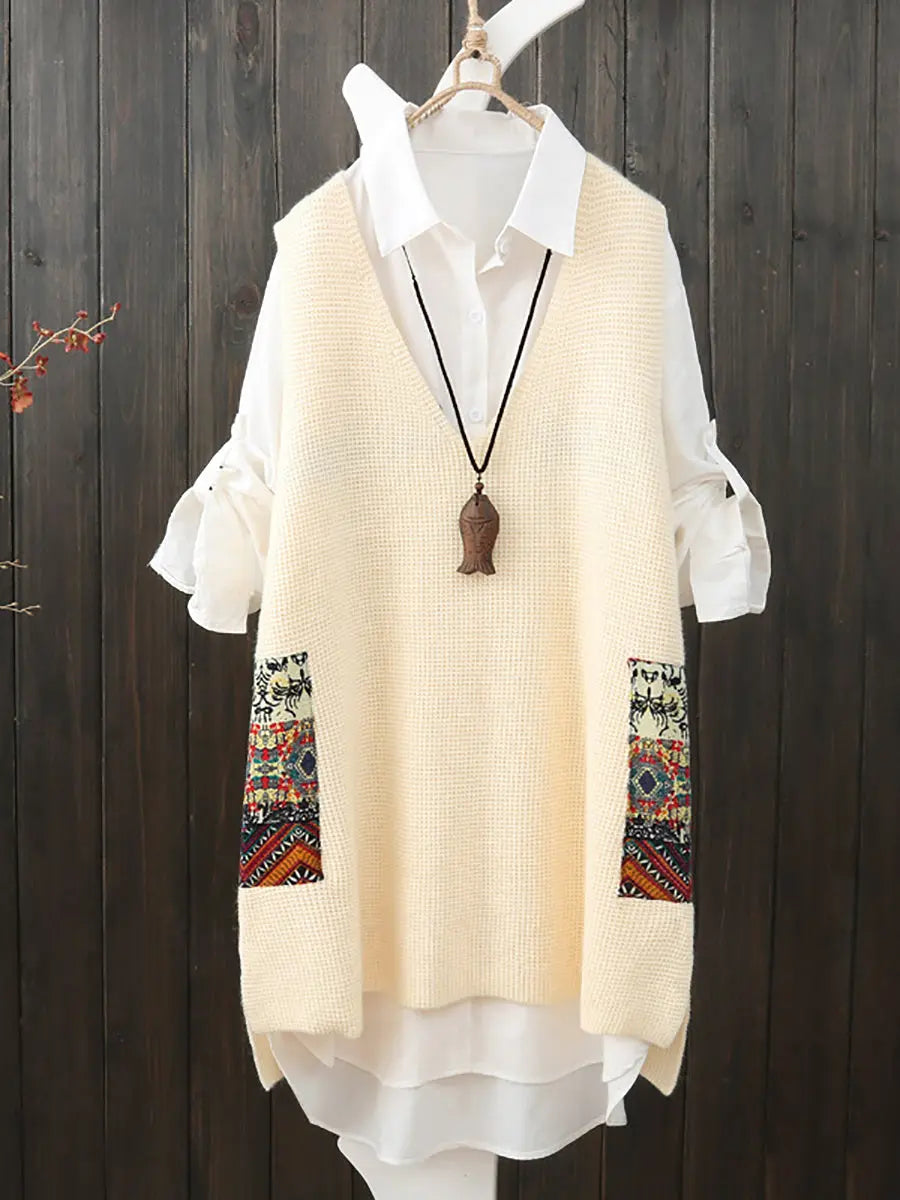 Women Ethnic V-Neck Loose Knitted Vest Ada Fashion