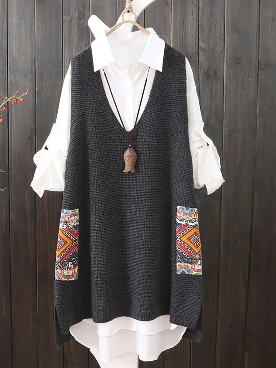 Women Ethnic V-Neck Loose Knitted Vest Ada Fashion