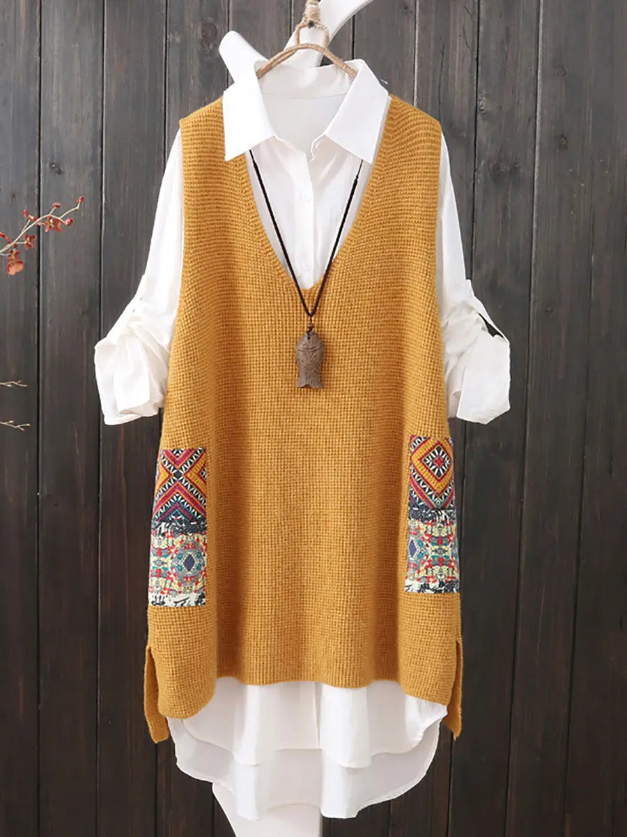 Women Ethnic V-Neck Loose Knitted Vest Ada Fashion