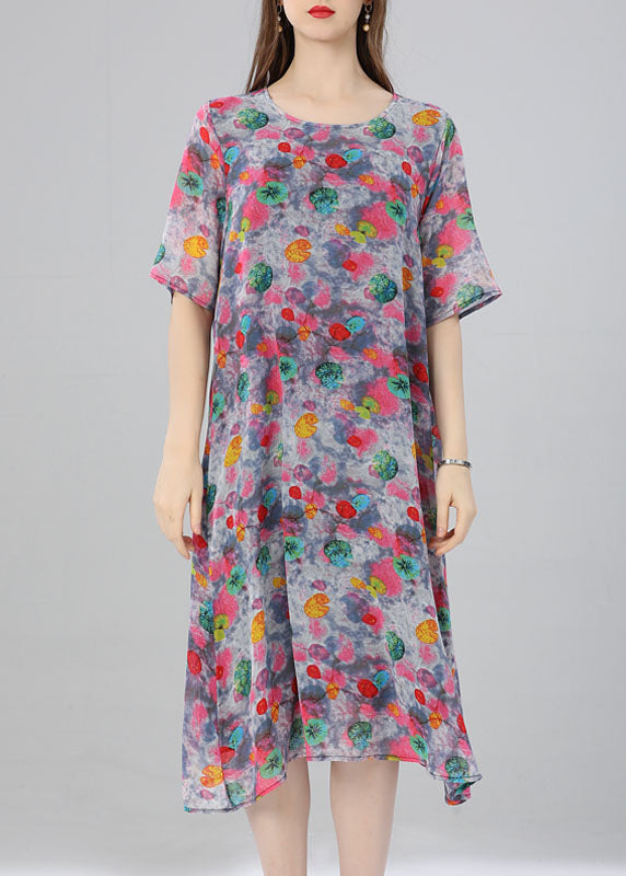 Women Floral O Neck Print Patchwork Chiffon Dress Summer Ada Fashion