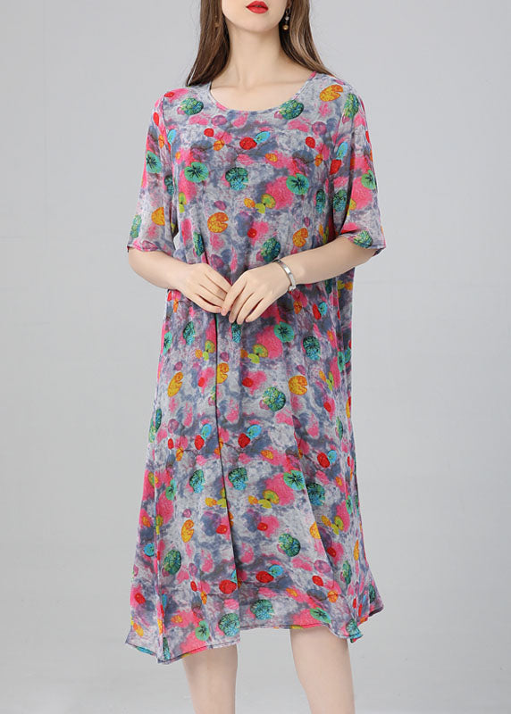 Women Floral O Neck Print Patchwork Chiffon Dress Summer Ada Fashion