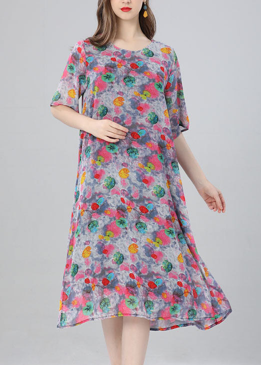 Women Floral O Neck Print Patchwork Chiffon Dress Summer Ada Fashion