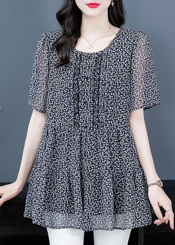 Women Floral O Neck Wrinkled Patchwork Chiffon T Shirt Top Summer LY6963 Ada Fashion