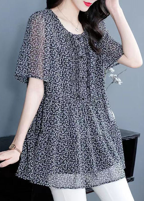 Women Floral O Neck Wrinkled Patchwork Chiffon T Shirt Top Summer LY6963 Ada Fashion