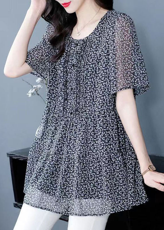 Women Floral O Neck Wrinkled Patchwork Chiffon T Shirt Top Summer LY6963 Ada Fashion