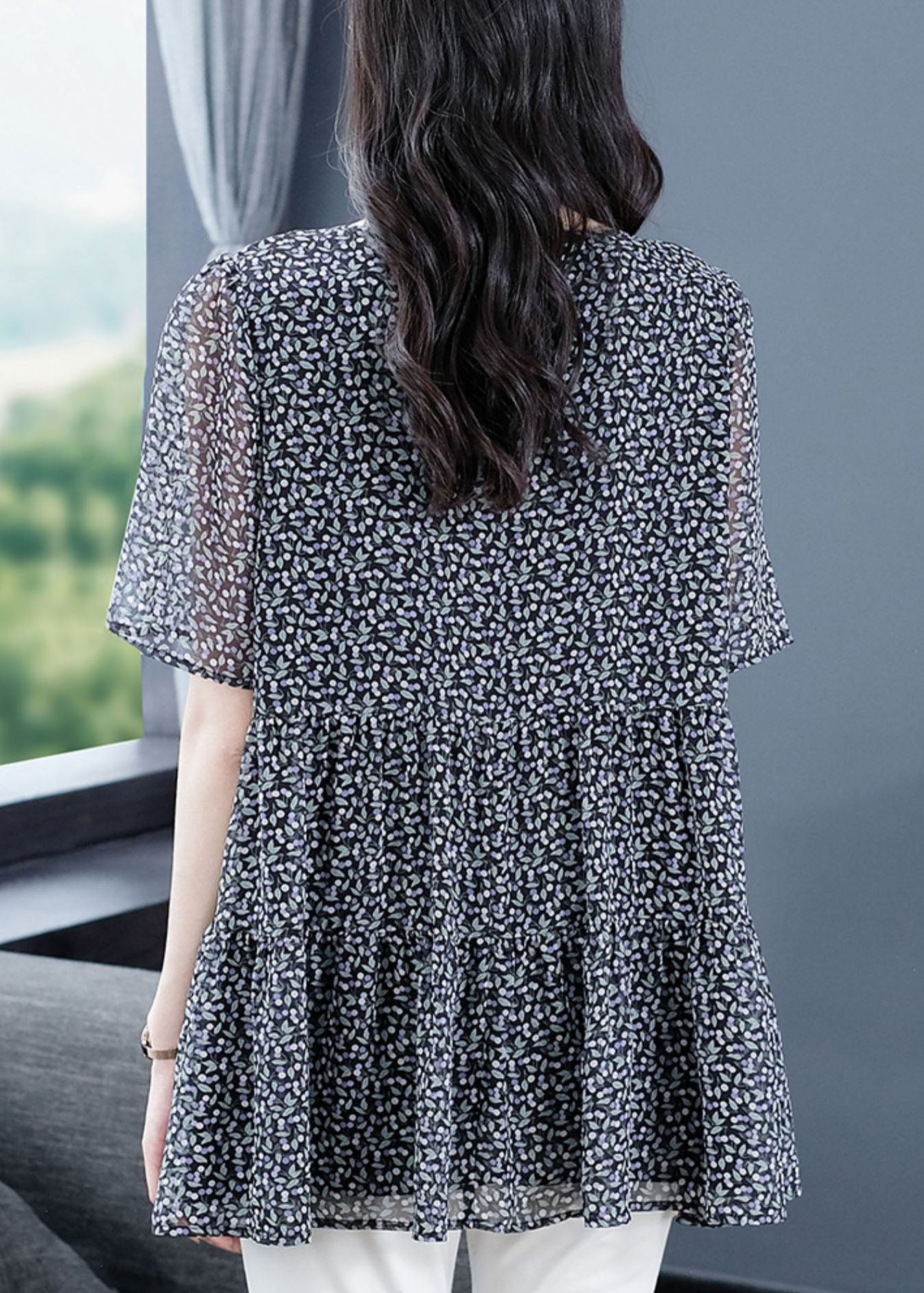 Women Floral O Neck Wrinkled Patchwork Chiffon T Shirt Top Summer LY6963 Ada Fashion