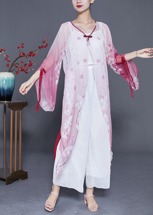 Women Gradient Color Chinese Button Print Chiffon Long Cardigan Flare Sleeve LY3652
