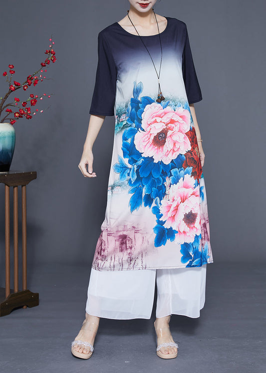 Women Gradient Color O-Neck Floral Print Silk Vacation Dresses Half Sleeve LY1100 - fabuloryshop