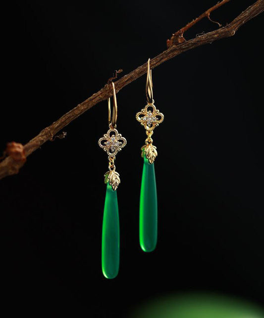 Women Green Agate Copper Overgild Tassle Drop Earrings Ada Fashion