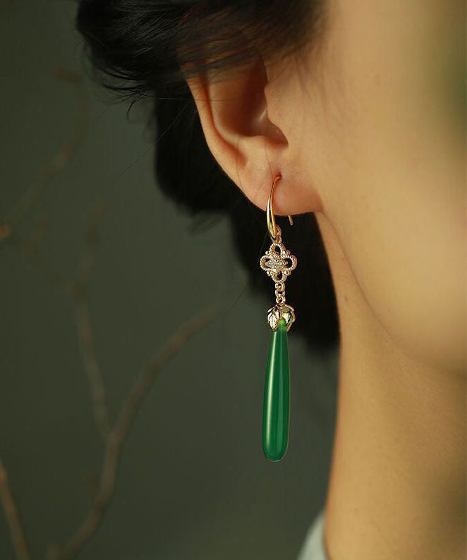 Women Green Agate Copper Overgild Tassle Drop Earrings Ada Fashion