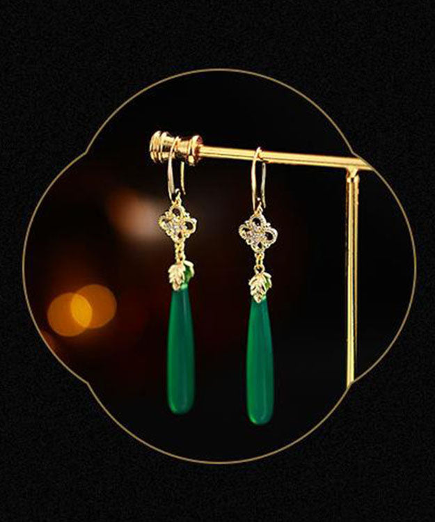 Women Green Agate Copper Overgild Tassle Drop Earrings Ada Fashion