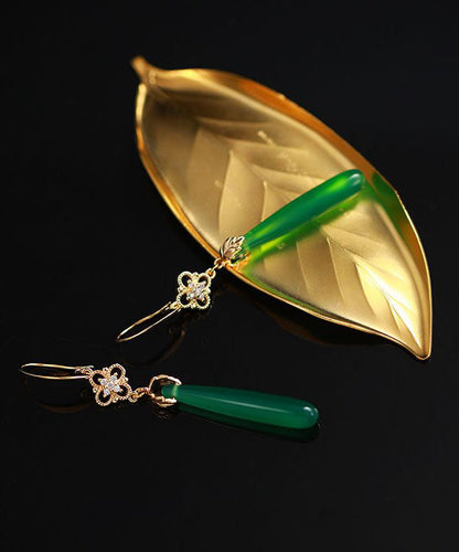 Women Green Agate Copper Overgild Tassle Drop Earrings Ada Fashion