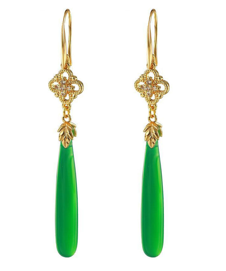 Women Green Agate Copper Overgild Tassle Drop Earrings Ada Fashion