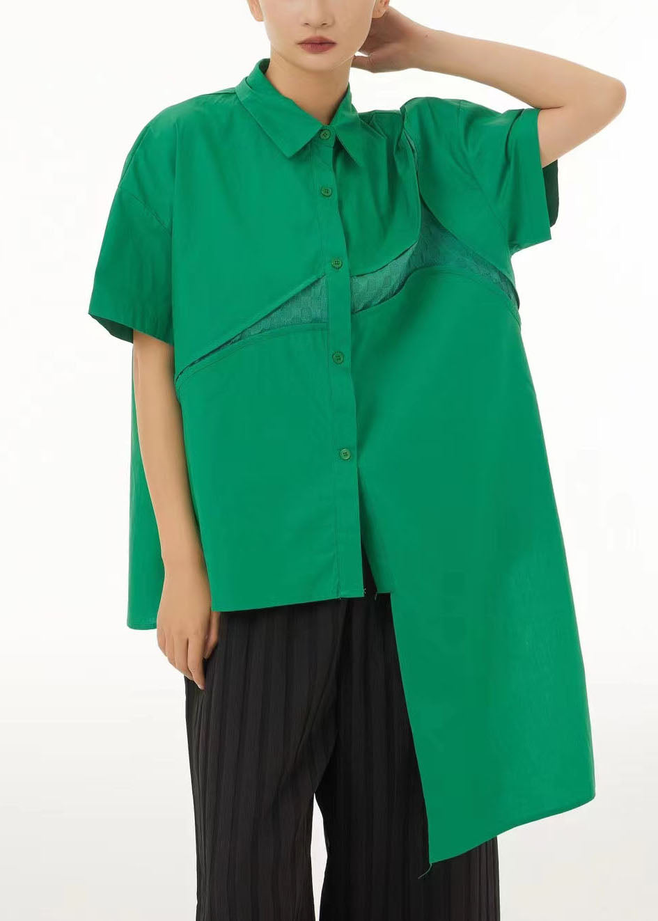 Women Green Asymmetrical Design Cotton Shirt Tops Summer LC0146 - fabuloryshop