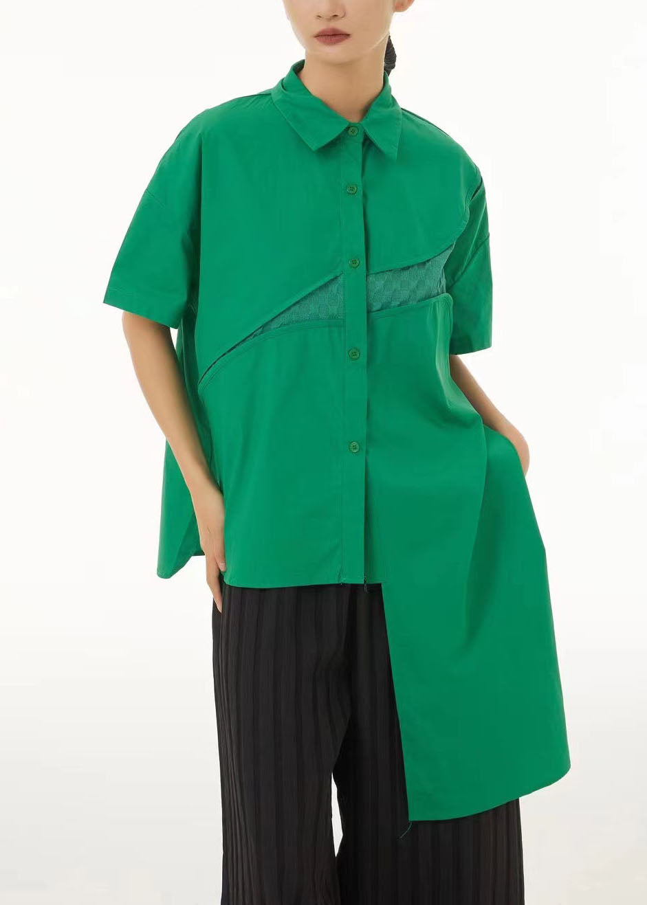 Women Green Asymmetrical Design Cotton Shirt Tops Summer LC0146 - fabuloryshop