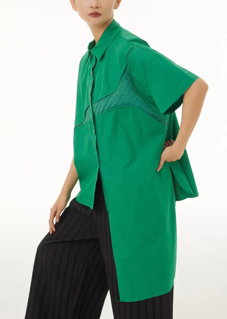 Women Green Asymmetrical Design Cotton Shirt Tops Summer LC0146 - fabuloryshop