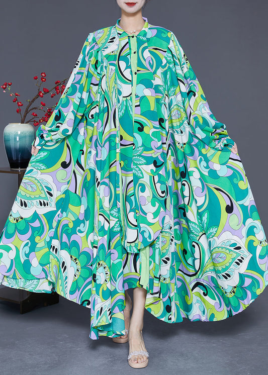 Women Green Asymmetrical Print Chiffon Ankle Dress Spring LY3615