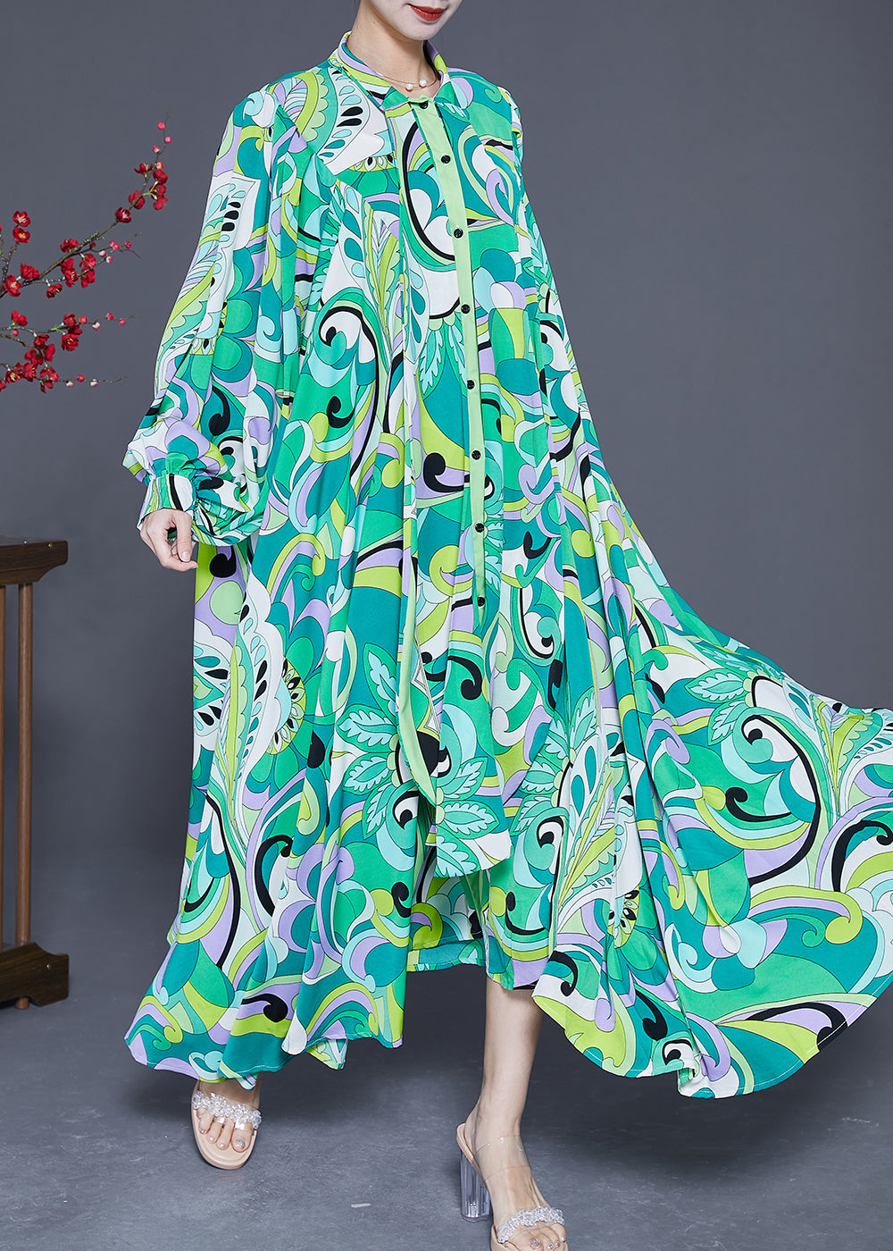 Women Green Asymmetrical Print Chiffon Ankle Dress Spring LY3615 - fabuloryshop