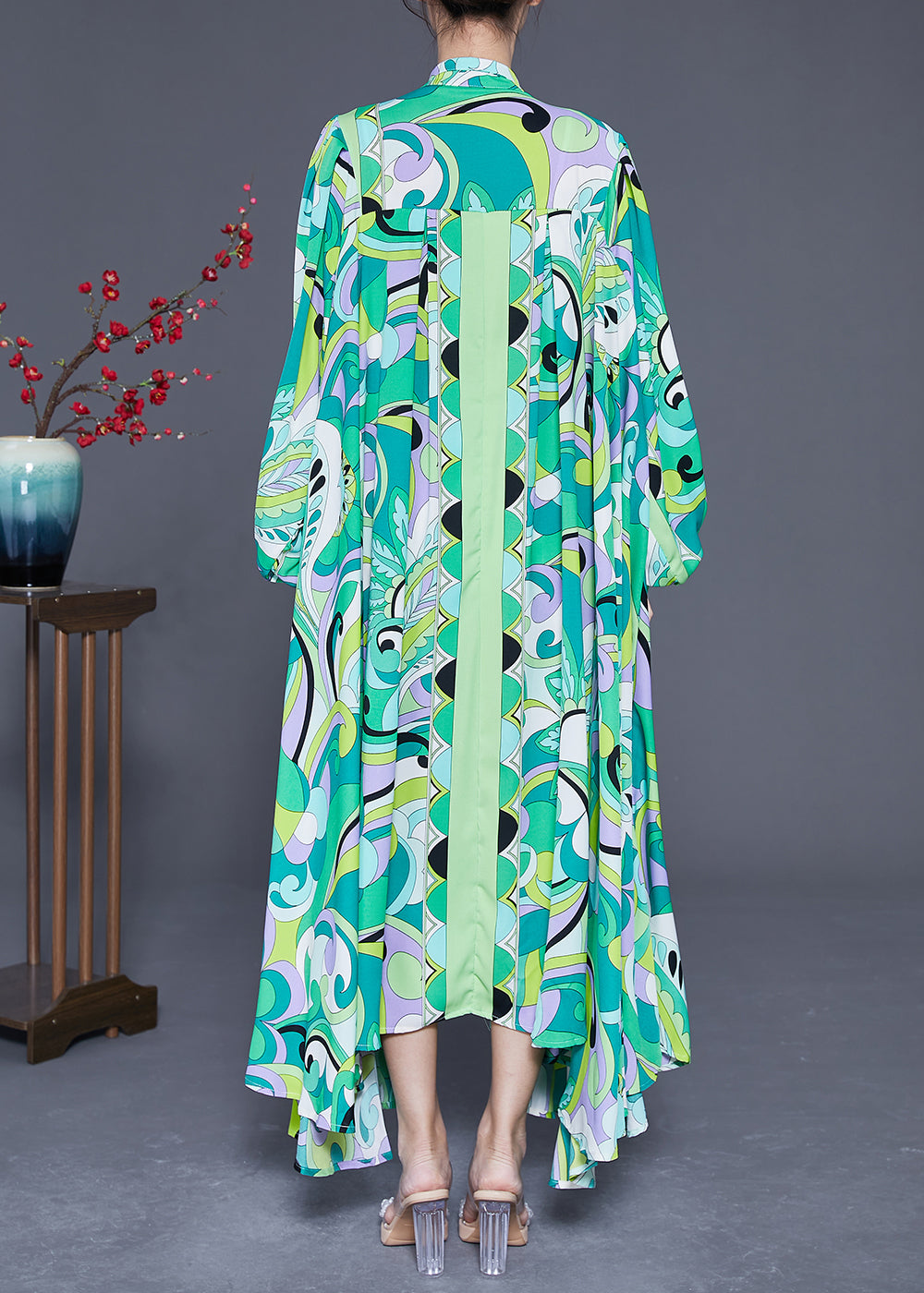 Women Green Asymmetrical Print Chiffon Ankle Dress Spring LY3615 - fabuloryshop