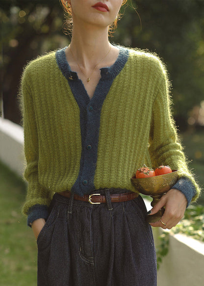 Women Green Button Patchwork Cozy Knit Top