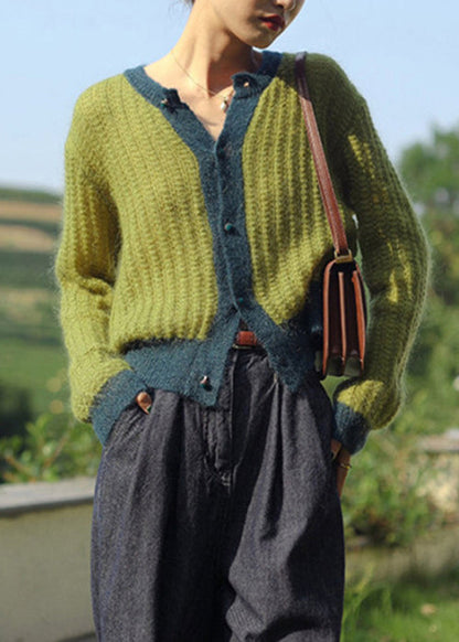 Women Green Button Patchwork Cozy Knit Top