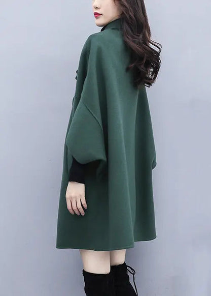 Women Green Button Pockets Patchwork Woolen Coat Fall Ada Fashion