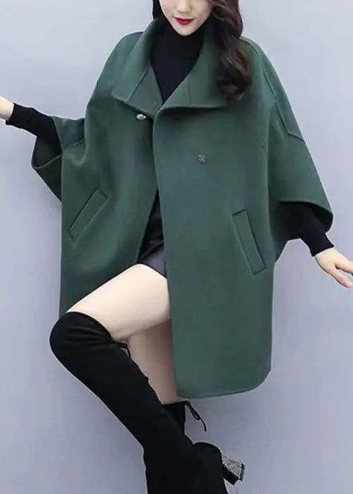 Women Green Button Pockets Patchwork Woolen Coat Fall Ada Fashion