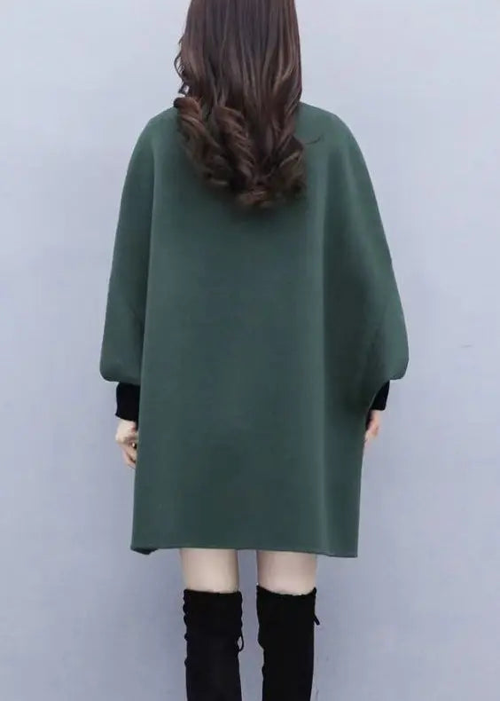 Women Green Button Pockets Patchwork Woolen Coat Fall Ada Fashion