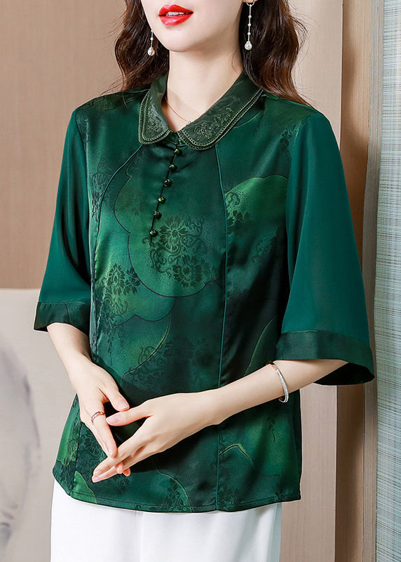 Women Green Double-layer Collar Patchwork Print Silk Top Half Sleeve LY0419