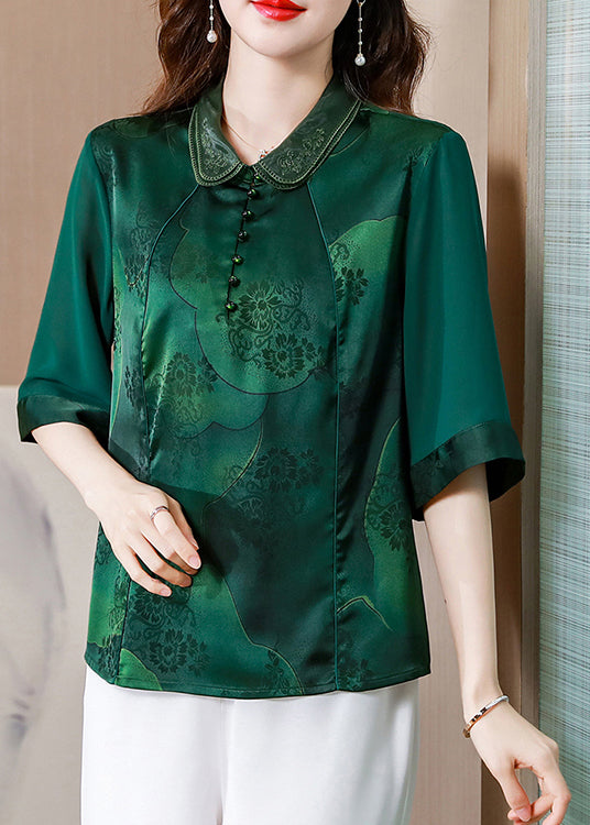 Women Green Double-layer Collar Patchwork Print Silk Top Half Sleeve LY0419