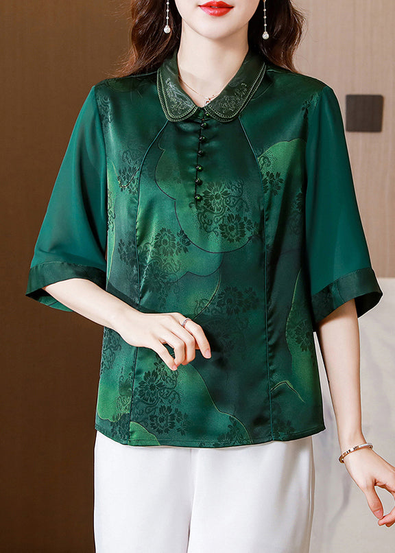 Women Green Double-layer Collar Patchwork Print Silk Top Half Sleeve LY0419 - fabuloryshop