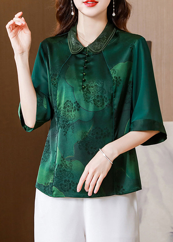 Women Green Double-layer Collar Patchwork Print Silk Top Half Sleeve LY0419 - fabuloryshop