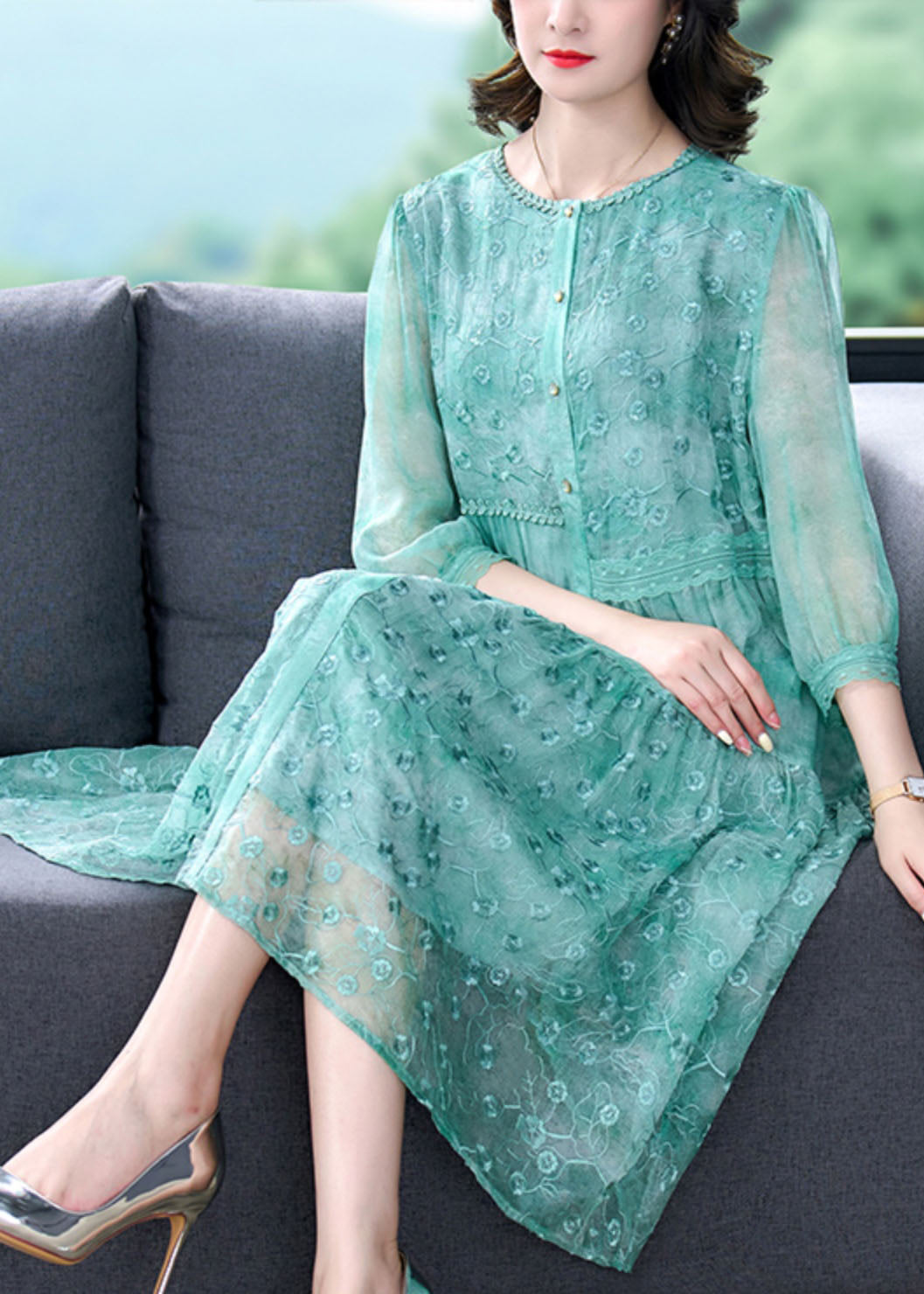 Women Green Embroideried Patchwork Silk Mid Dress Summer Ada Fashion