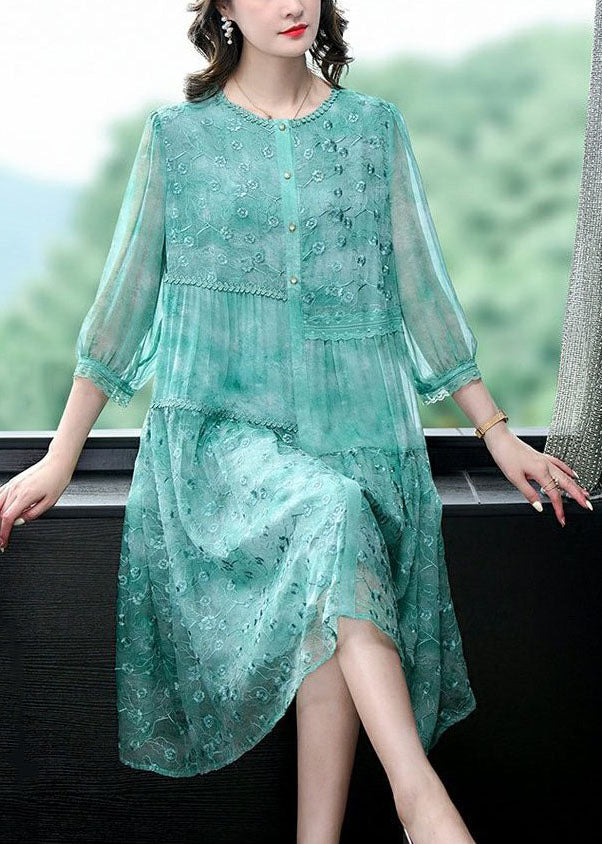 Women Green Embroideried Patchwork Silk Mid Dress Summer Ada Fashion