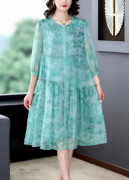 Women Green Embroideried Patchwork Silk Mid Dress Summer Ada Fashion