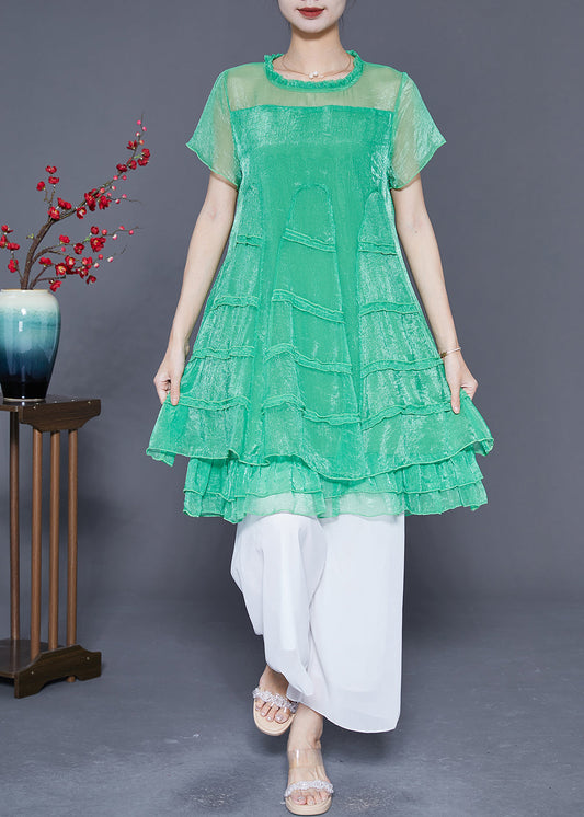 Women Green Hollow Out Patchwork Layered Design Tulle A Line Dress Summer LY5397 - fabuloryshop