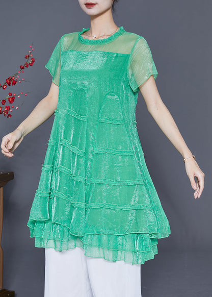 Women Green Hollow Out Patchwork Layered Design Tulle A Line Dress Summer LY5397 - fabuloryshop