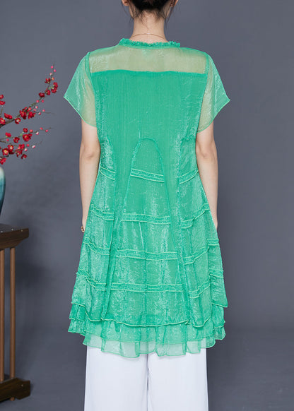 Women Green Hollow Out Patchwork Layered Design Tulle A Line Dress Summer LY5397 - fabuloryshop