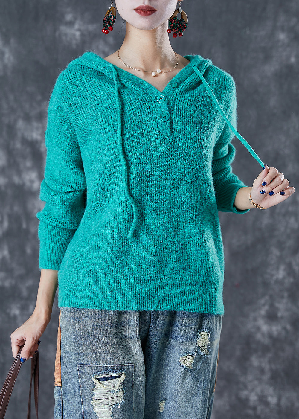 Women Green Hooded Drawstring Knit Sweatshirts Top Fall Ada Fashion