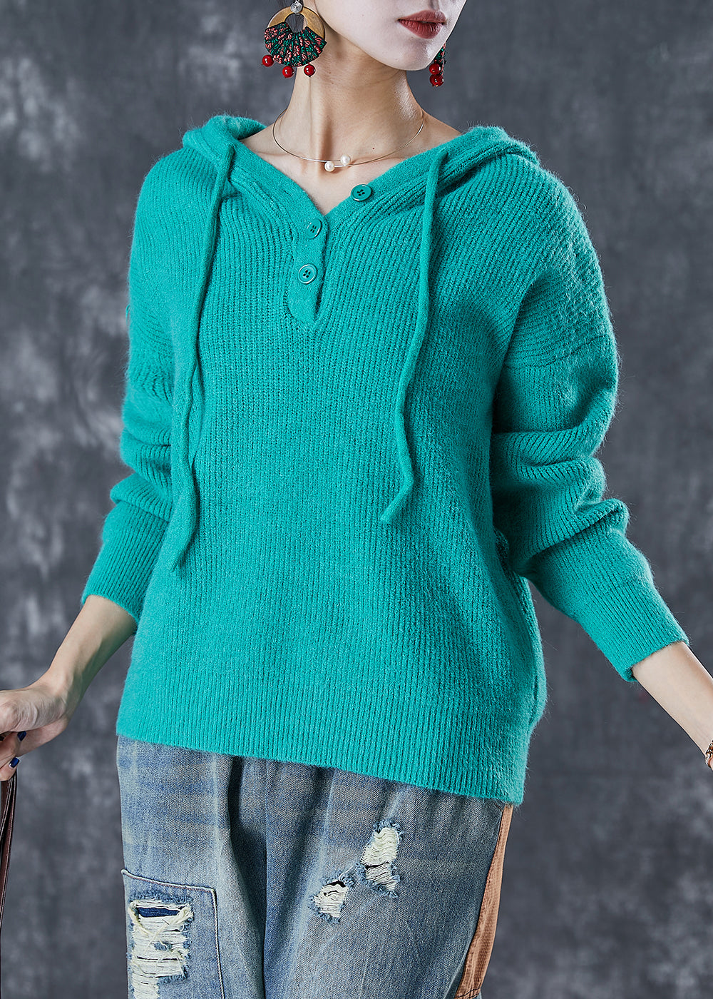 Women Green Hooded Drawstring Knit Sweatshirts Top Fall Ada Fashion