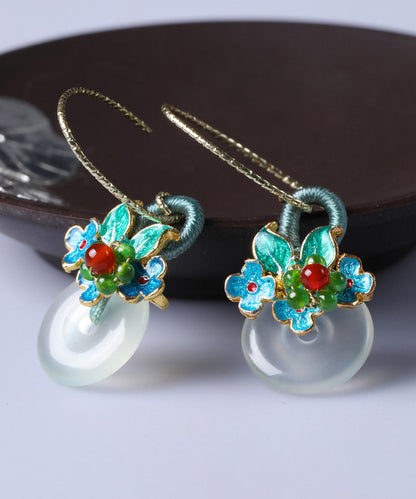 Women Green Jade Agate Cloisonne Floral Drop Earrings LY2213 - fabuloryshop