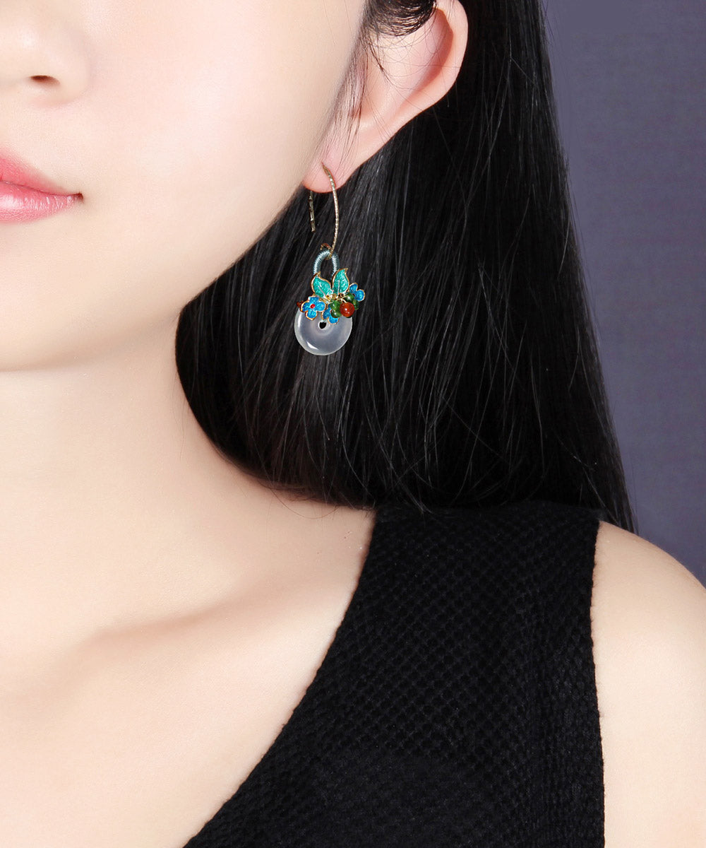 Women Green Jade Agate Cloisonne Floral Drop Earrings LY2213 - fabuloryshop