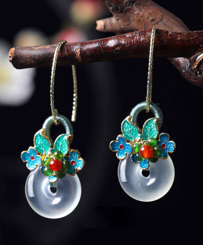 Women Green Jade Agate Cloisonne Floral Drop Earrings LY2213 - fabuloryshop