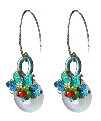 Women Green Jade Agate Cloisonne Floral Drop Earrings LY2213 - fabuloryshop